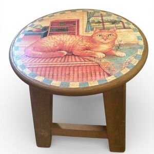 Round Vintage Painted Wooden Stool with Cat Design- So adorable!